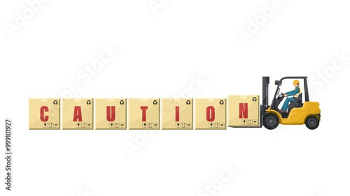 Animation of worker driving a forklift loading boxes with the word CAUTION. Lift truck transporting a box packing pallet. Industrial storage and distribution of products. Seamless loop animation