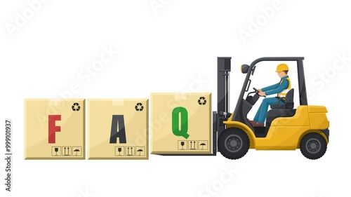 Animation of worker driving a forklift loading boxes with the word FAQ. Frequently asked questions concept. Lift truck transporting a box packing pallet. Seamless loop animation
