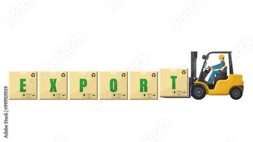 Animation of worker driving a forklift loading boxes with the word EXPORT. Lift truck transporting a box packing pallet. Industrial storage and distribution of products. Seamless loop animation