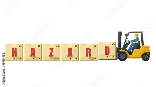 Animation of worker driving a forklift loading boxes with the word HAZARD. Lift truck transporting a box packing pallet to a warehouse. Industrial storage and distribution of products