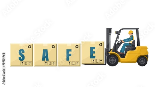 Animation of worker driving a forklift loading boxes with the word SAFE. Lift truck transporting a box packing pallet to a warehouse. Industrial storage and distribution of products