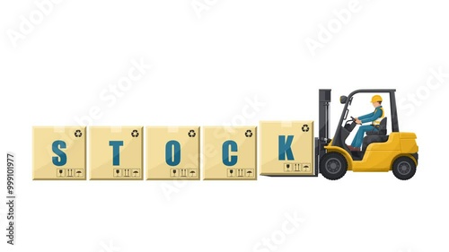 Worker driving a forklift loading boxes with the word STOCK. Lift truck transporting a box packing pallet to a warehouse. Industrial storage and distribution of products. Industrial Safety