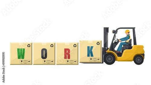 Animation of worker driving a forklift loading boxes with the word WORK. Lift truck transporting a box packing pallet to a warehouse. Industrial storage and distribution of products