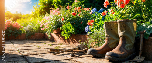 Fototapeta Naklejka Na Ścianę i Meble -  Dirty gardening rubber boots and tools on paved patio with colorful flower garden behind. Outdoor gardening background with sunlit flowers and plants in raised beds during spring or summer season