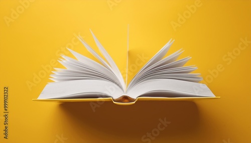 white cover book open and floating on yellow background