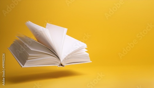 white cover book open and floating on yellow background
