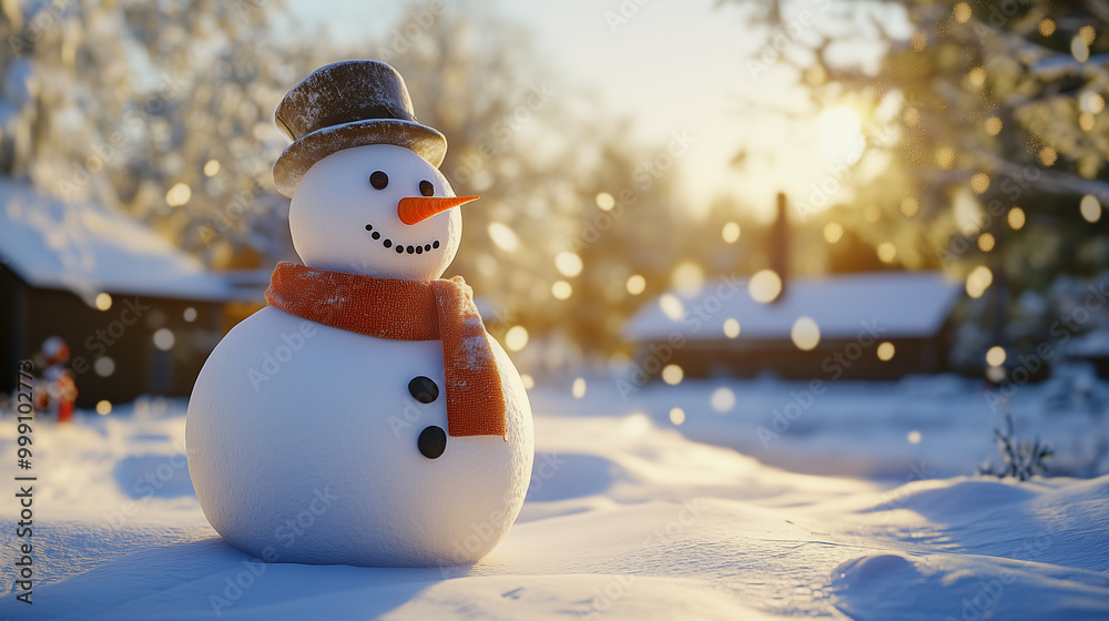 Obraz premium Cheerful snowman with scarf and funny knitted hat with Christmas decorations.