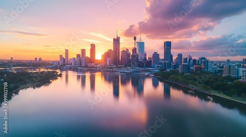 Stunning Aerial View of Brisbane City Skyline at Sunset