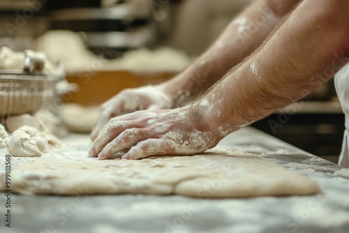 Chef hands kneading dough in flour-dusted kitchen for artisan bread making