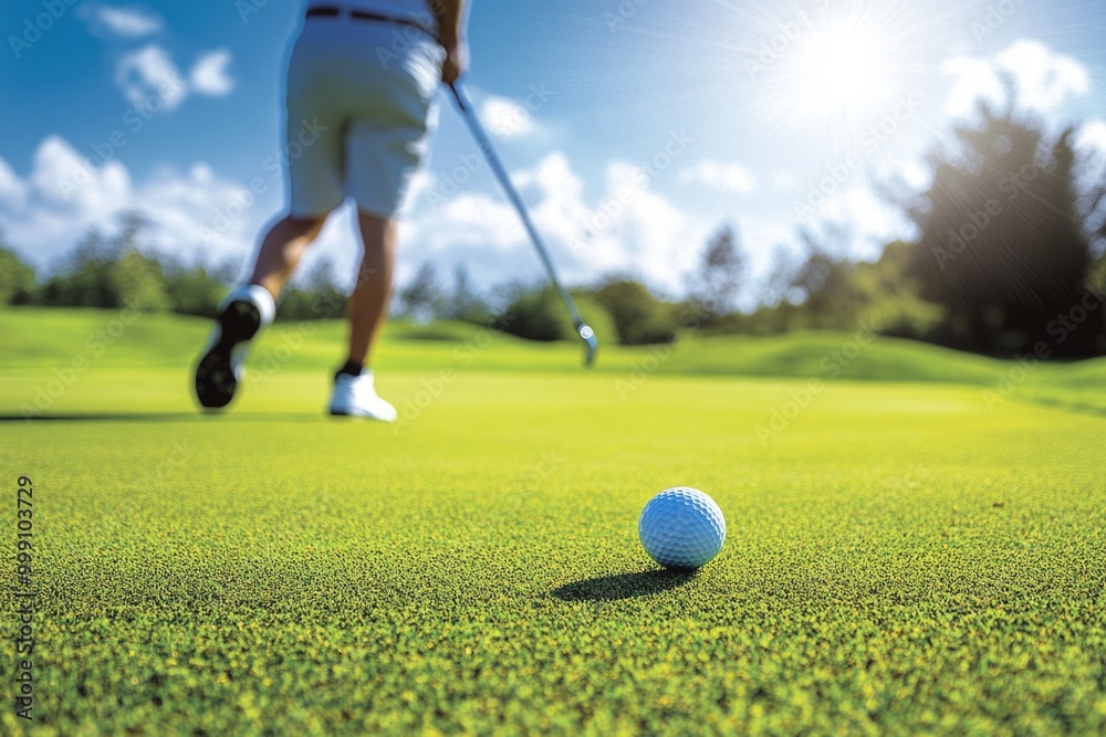 Obraz premium Golfer focused on the putt under bright sunlight on lush green course
