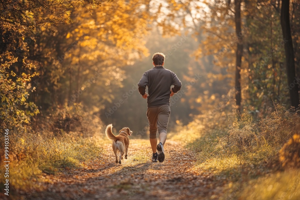 Morning jogger and dog in scenic autumn forest pathway Morning jogger and dog in scenic autumn forest pathway