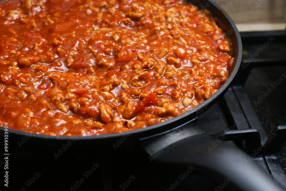 Spaghetti in a frying pan on a gas stove. Preparing lunch in a home kitchen. Fresh pasta and sauce cooking. Ready meal. Culinary background. Dinner preparation, homemade food. Spaghetti in a frying pan on a gas stove. Preparing lunch in a home kitchen. Fresh pasta and sauce cooking. Ready meal. Culinary background. Dinner preparation, homemade food.