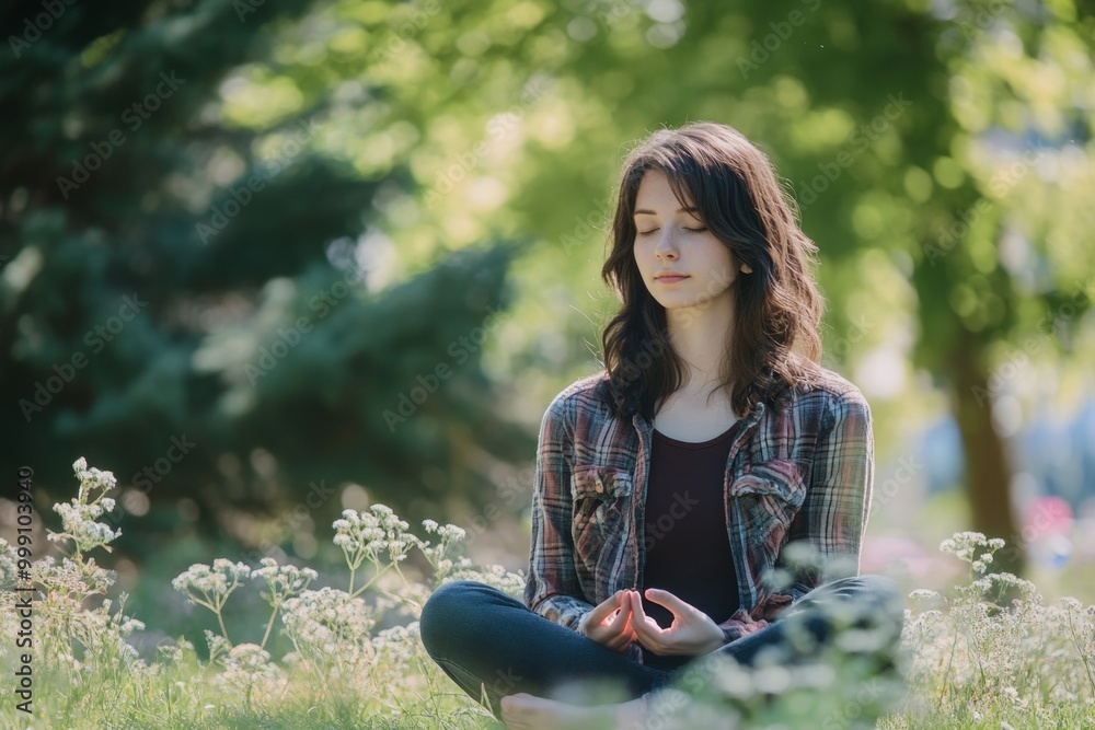 Young woman practicing meditation in peaceful green park setting Young woman practicing meditation in peaceful green park setting
