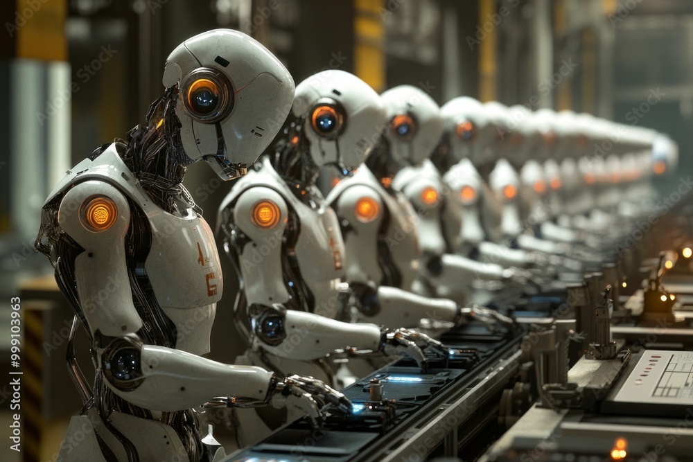 Futuristic assembly line of robots in a high-tech factory setting