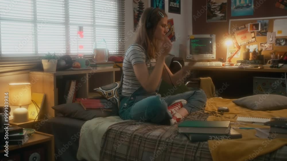 Full side shot of teenage Caucasian girl in jumpsuit putting on headphones and listening to music on walkman while doing homework in decorated retro bedroom, 90s aesthetics Full side shot of teenage Caucasian girl in jumpsuit putting on headphones and listening to music on walkman while doing homework in decorated retro bedroom, 90s aesthetics