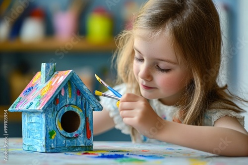 Creative young artist painting a colorful birdhouse in a joyful art studio photo