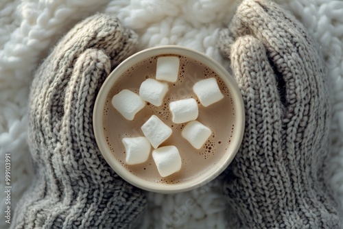 Cozy winter warmth: hands in knitted mittens holding hot cocoa with marshmallows photo