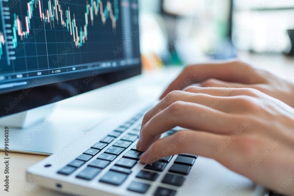 Analyzing financial data on computer screen with hands typing on keyboard Analyzing financial data on computer screen with hands typing on keyboard