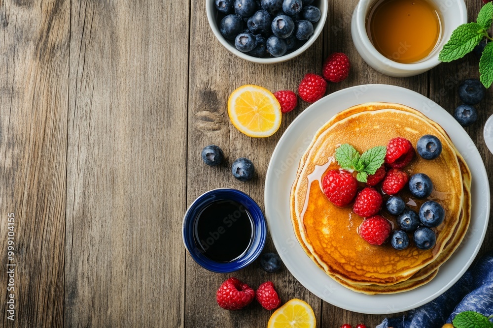 Delicious pancakes with fresh berries and maple syrup on rustic table Delicious pancakes with fresh berries and maple syrup on rustic table