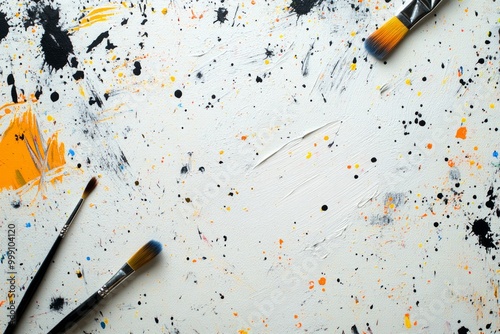 Abstract paint splatter art with brushes on canvas