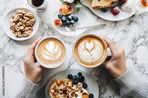 Elegant marble table setting with lattes and breakfast pastries photo