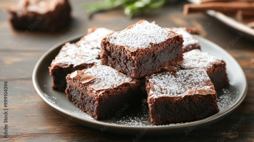 Plate of warm brownies with powdered sugar on top, classic American dessert background generative ai Plate of warm brownies with powdered sugar on top, classic American dessert background generative ai