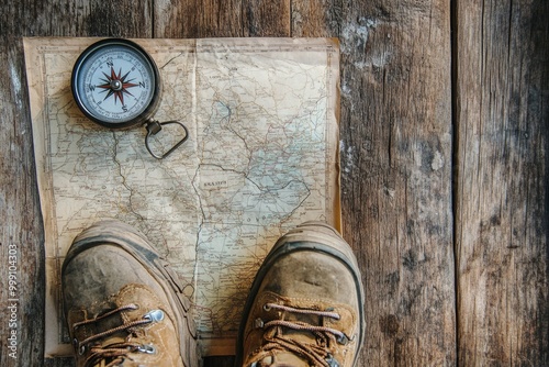 Vintage adventure: compass and hiking boots on rustic map for exploration themes photo