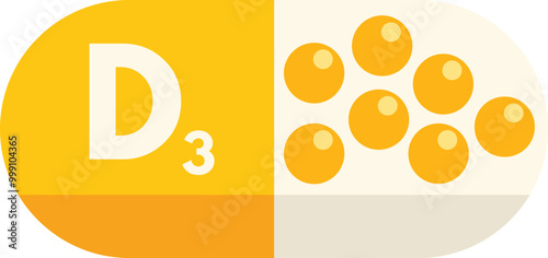 Yellow vitamin d3 supplement capsule containing softgels is lying on a white background
