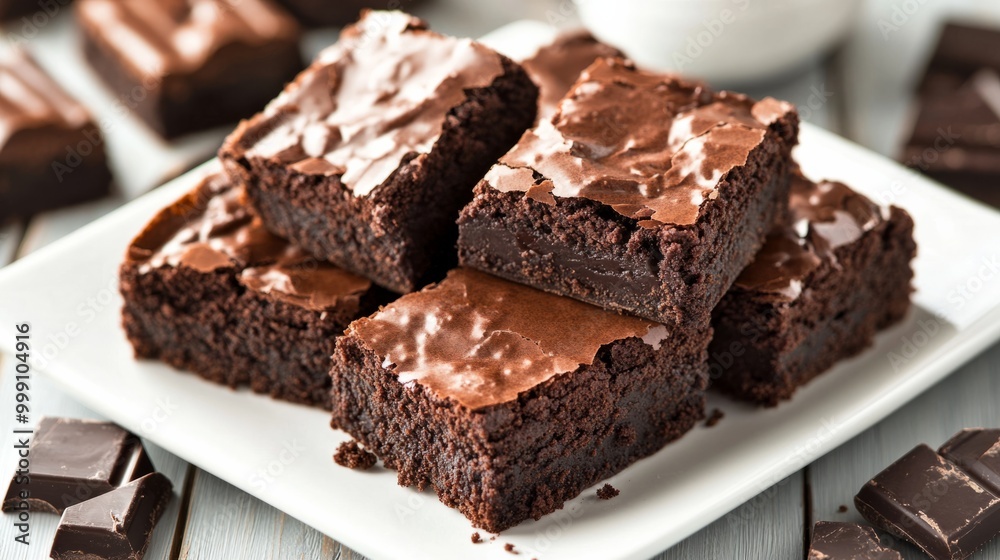 Rich chocolate brownies with chunks of dark chocolate, served on a white dish generative ai Rich chocolate brownies with chunks of dark chocolate, served on a white dish generative ai