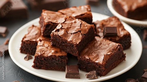 Rich chocolate brownies with chunks of dark chocolate, served on a white dish generative ai