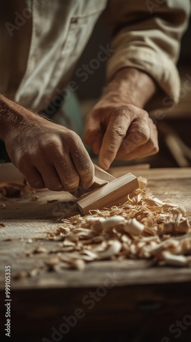 Close-up. Carpenter carving wood with hand tool in workshop.