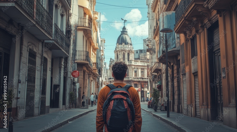 A lone traveler with a backpack walks down a narrow street in a European city, looking towards a building in the distance. A lone traveler with a backpack walks down a narrow street in a European city, looking towards a building in the distance.