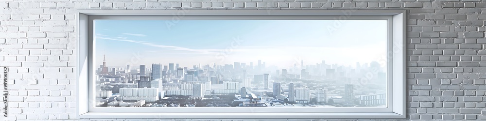 White window frame with city view, white brick wall, detailed urban landscape, realistic. White window frame with city view, white brick wall, detailed urban landscape, realistic.