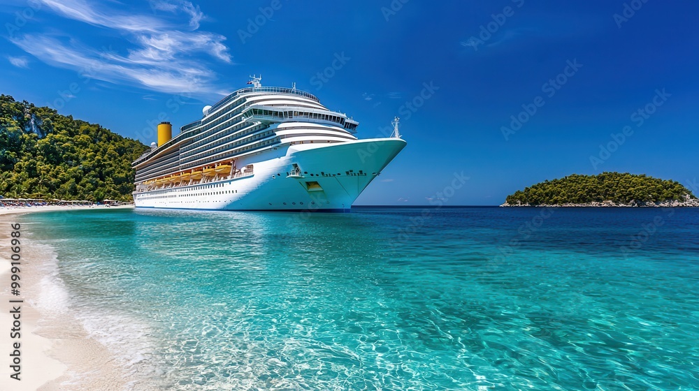 Obraz premium Serene Cruise Ship Anchored by Stunning Coastline, Ideal for Travelers Seeking Adventure and Relaxation with Copy Space for Text