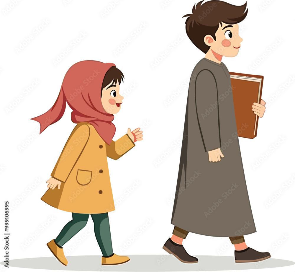 Muslim School Student Going to Class Flat Vector Muslim School Student Going to Class Flat Vector