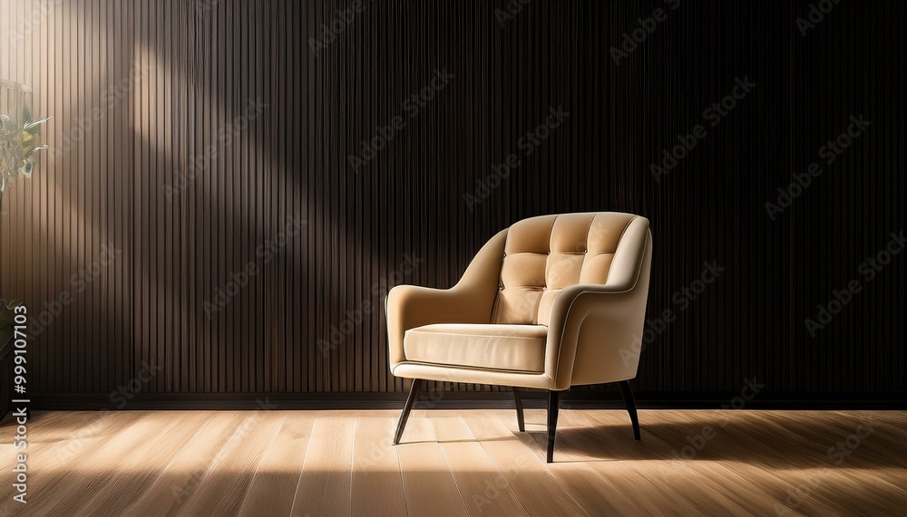 Beige chair in the room against classic black wood wall panels. Modern empty studio in minimalist style for premium product presentation. Stand with sunlight
Beige chair in the room against classic black wood wall panels. Modern empty studio in minimalist style for premium product presentation. Stand with sunlight