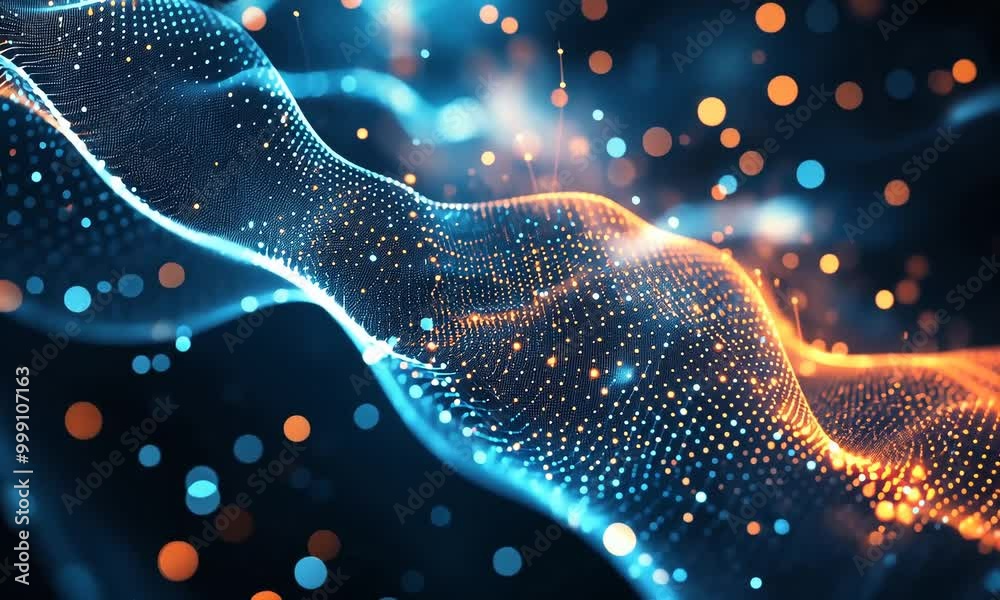 Beautiful abstract visualization of digital waves with glowing particles in vibrant blue and orange colors