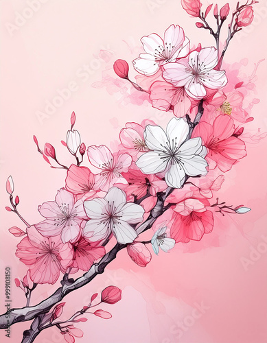 A serene scene of watercolor cherry blossoms in full bloom isolated on pink background. Generative AI.