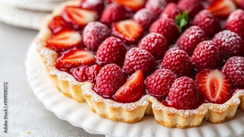 Traditional French fruit tarts on a white platter, with a focus on fresh strawberries and raspberries generative ai