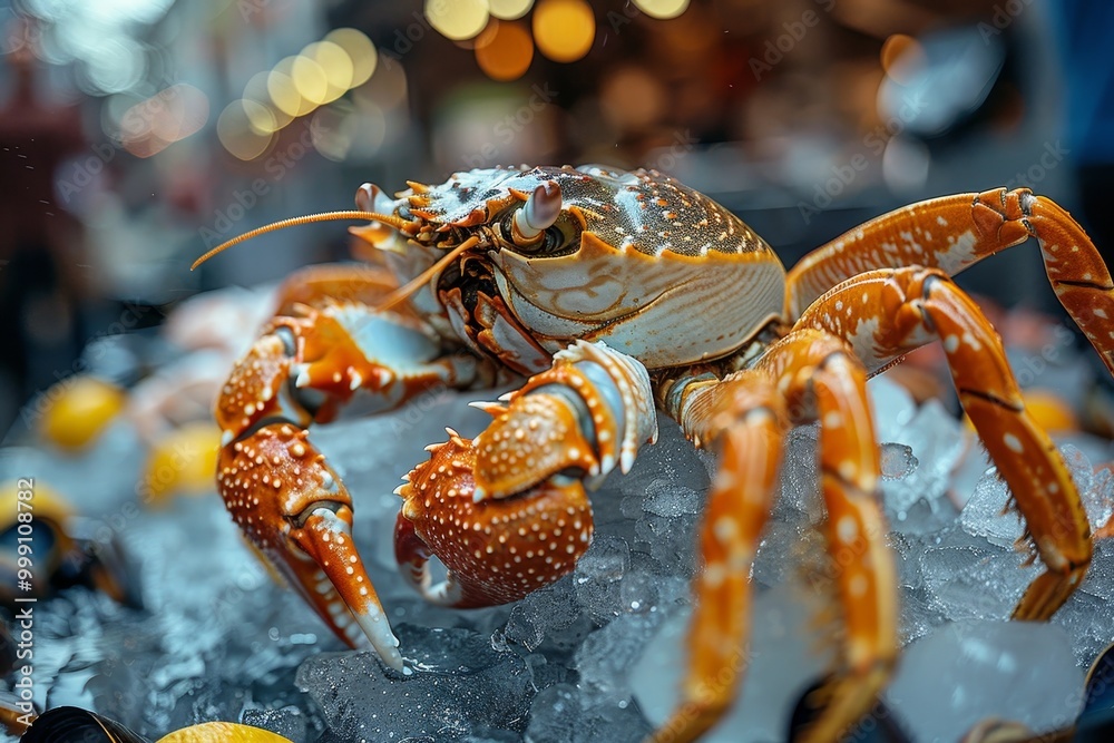 Fresh seafood delights crabs, sea urchins, mussels, and lemons on ice in a vibrant shop display Fresh seafood delights crabs, sea urchins, mussels, and lemons on ice in a vibrant shop display