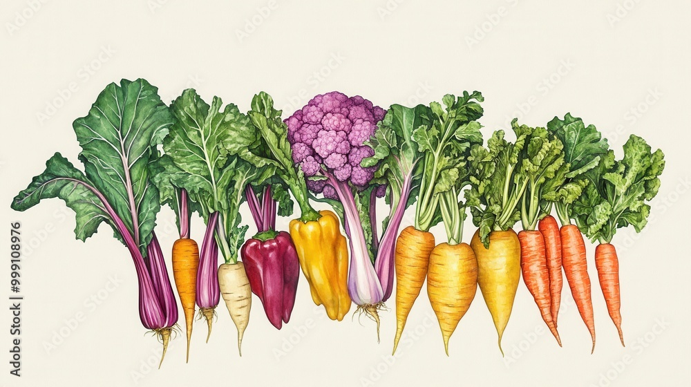 Detailed botanical drawing of vegetable harvest Detailed botanical drawing of vegetable harvest