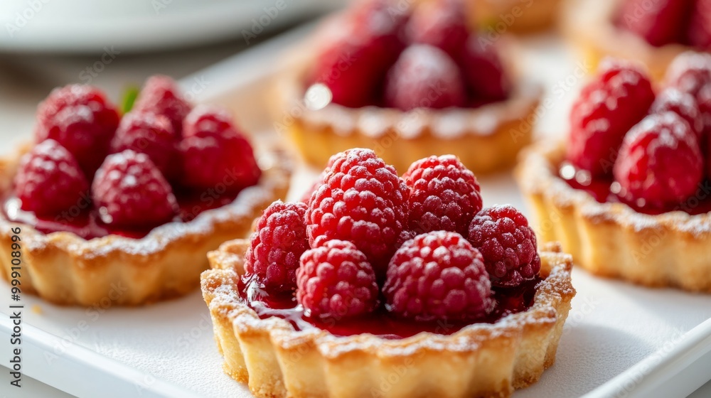 Traditional French fruit tarts on a white platter, with a focus on fresh strawberries and raspberries generative ai Traditional French fruit tarts on a white platter, with a focus on fresh strawberries and raspberries generative ai