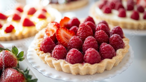 Traditional French fruit tarts on a white platter, with a focus on fresh strawberries and raspberries generative ai