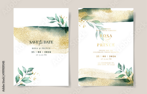 Elegant gold with emerald green watercolor wedding invitation card template. Gold background. Leaves watercolor decoration