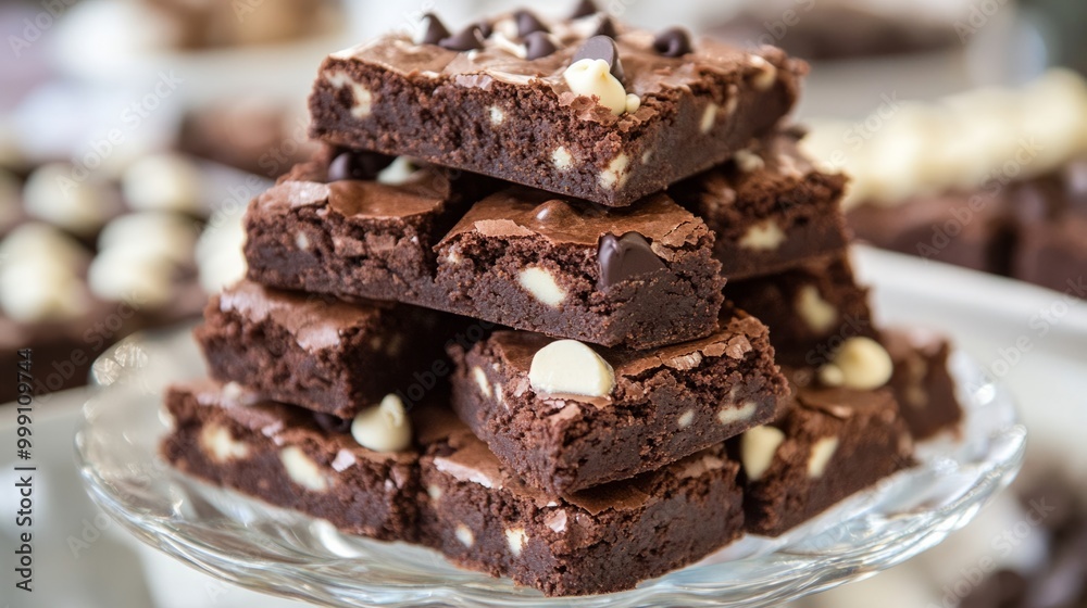 Triple chocolate brownies with white and dark chocolate chips, served on a dessert table generative ai Triple chocolate brownies with white and dark chocolate chips, served on a dessert table generative ai