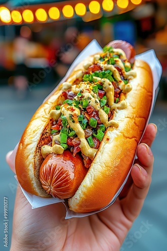 Global Fusion Gourmet Hot Dog Served at Vibrant Street Market with Copy Space for Text photo