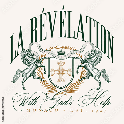 Art design of urban featuring an illustrated horse and shield, victorian illustration. la revelation font texts add an authentic urban, france design. Perfect for clothing patterns seeking