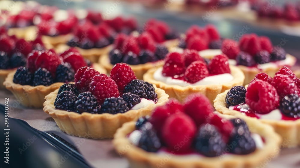 Vibrant French berry tarts with a crispy base and smooth vanilla cream filling, displayed in a bakery generative ai