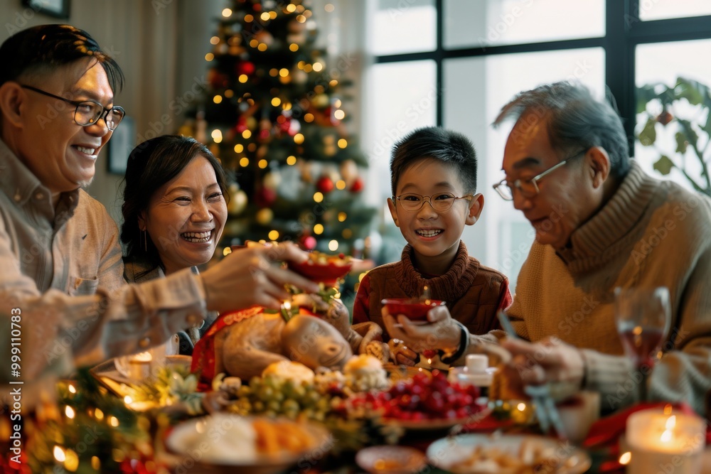 A family is gathered around a table with a Christmas tree in the background, generative ai image A family is gathered around a table with a Christmas tree in the background, generative ai image