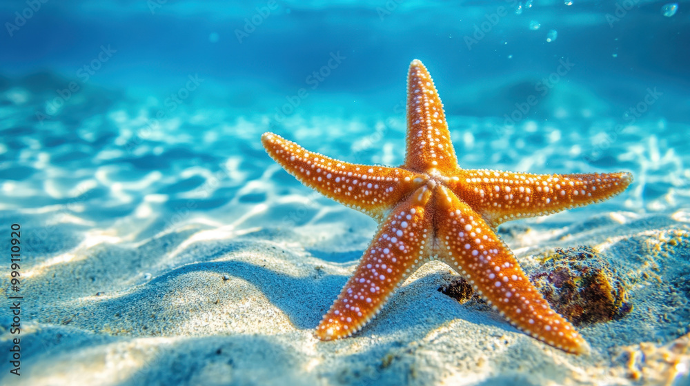 Vibrant orange starfish resting on the ocean floor with a clear blue underwater background, capturing the beauty of marine life. Vibrant orange starfish resting on the ocean floor with a clear blue underwater background, capturing the beauty of marine life.
